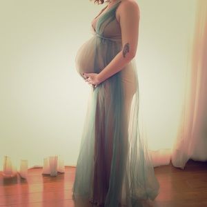Beige and Green Tulle Dress with Nude Slip